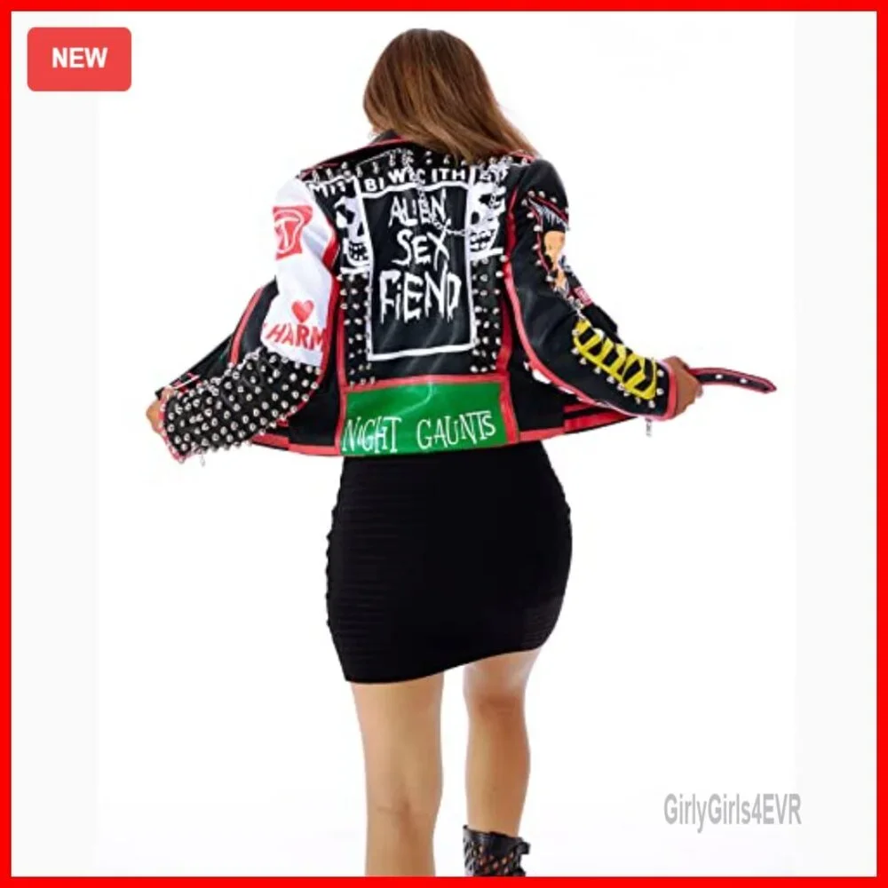 Faux Leather Punk Biker Jacket with Studs, Slim Fit, Long Sleeve
